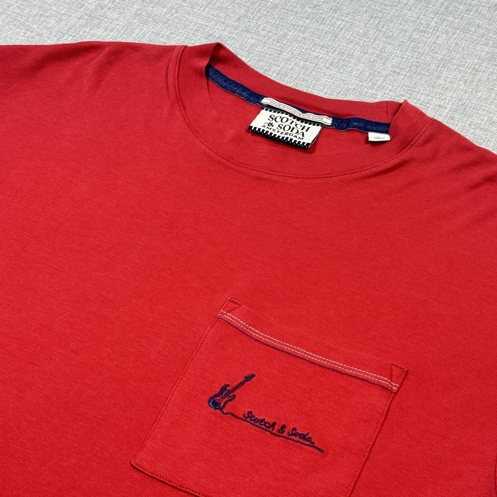 Scotch & Soda T-Shirt Mens Large Red Crew Neck Pocket Logo Lyocell Cotton Basic